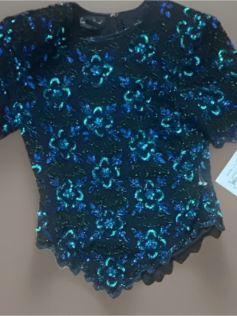 Lawrence Kazar VTG Deadstock Embroidered Sequin Floral Top in Teal & Blue M NWT